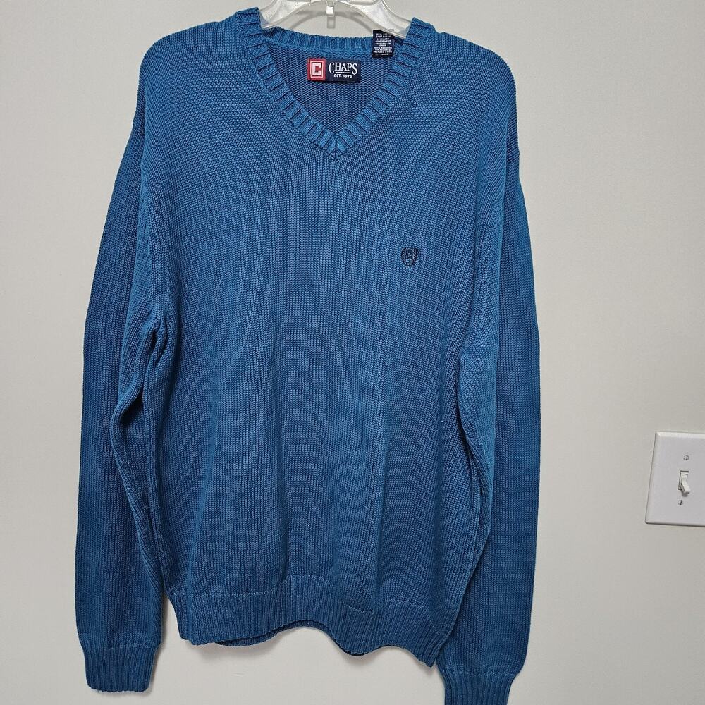 Chaps Ralph Lauren Sweater Mens XLT V-Neck Pullover Cotton Knit Turquoise